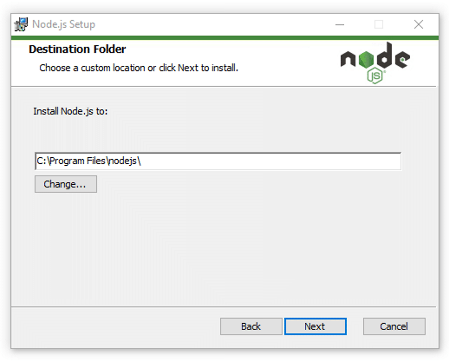 انتخاب فضایی که می‌خواهید Node.js در آن نصب شود