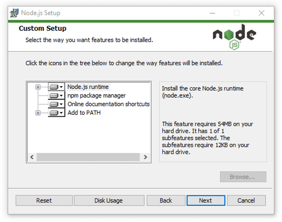 تنظیمات سفارشی برای نصب Node.js