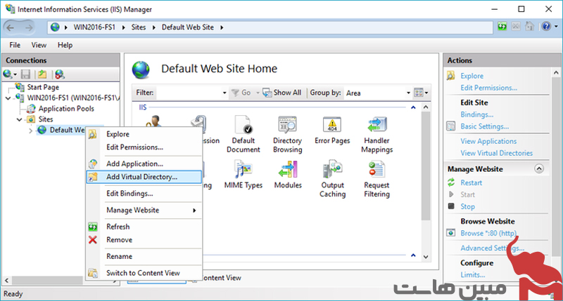روی Default Web Site کلیک راست کرده و Add Virtual Directory را انتخاب کنید