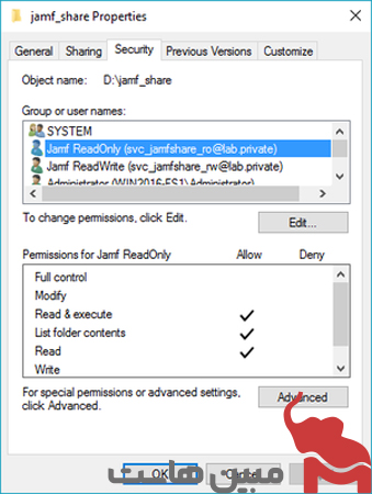 روی تب Security و سپس Edit 