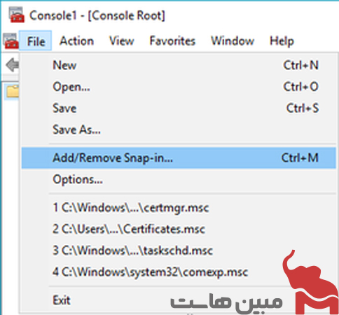 از منوی File گزینه Add/Remove Snap-in را انتخاب کنید.