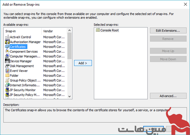 Certificates را انتخاب کنید و سپس روی Add کلیک کنید