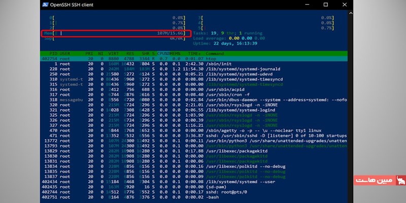 مصرف رم در htop