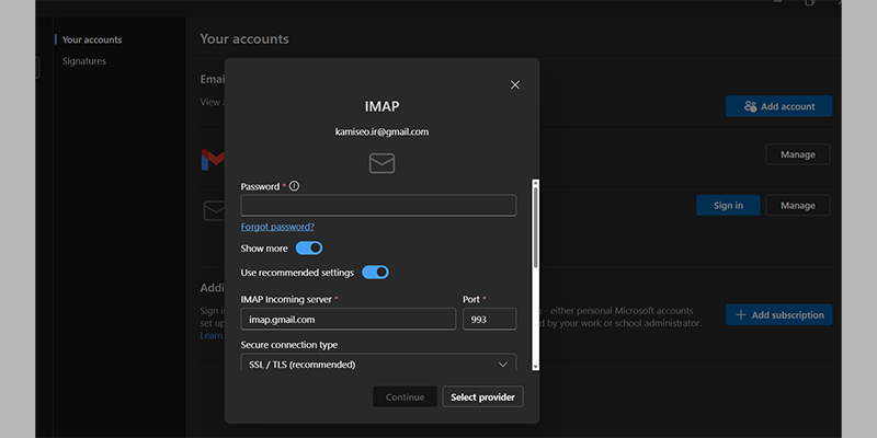 انتخاب نوع حساب IMAP در تنظیمات Outlook