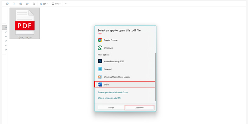 انتخاب نرم افزار word برای باز کردن فایل پی دی اف