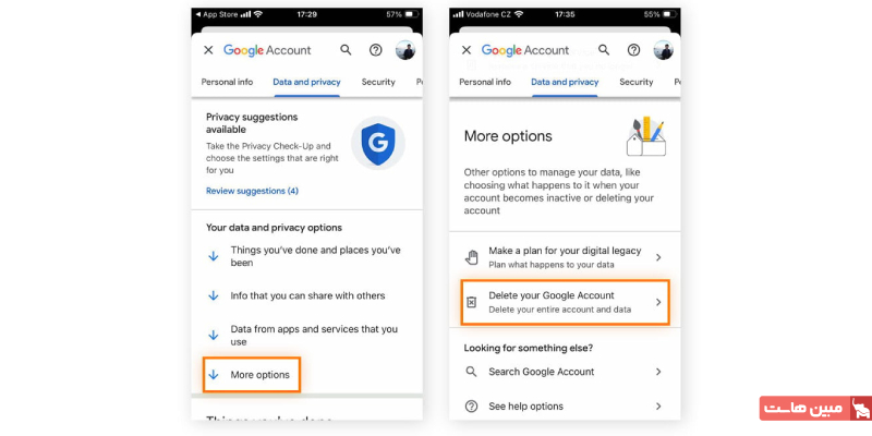 مراحل حذف دائمی حساب گوگل