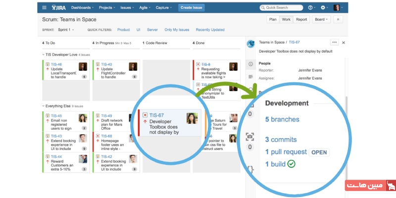 تصویری از محیط Jira که در آن یک تیکت به چندین کامیت، برنچ (Branch) یا پول ریکوئست (Pull Request) لینک شده است.