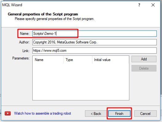 مشخصه های اسکریپت متاتریدر را وارد کنید