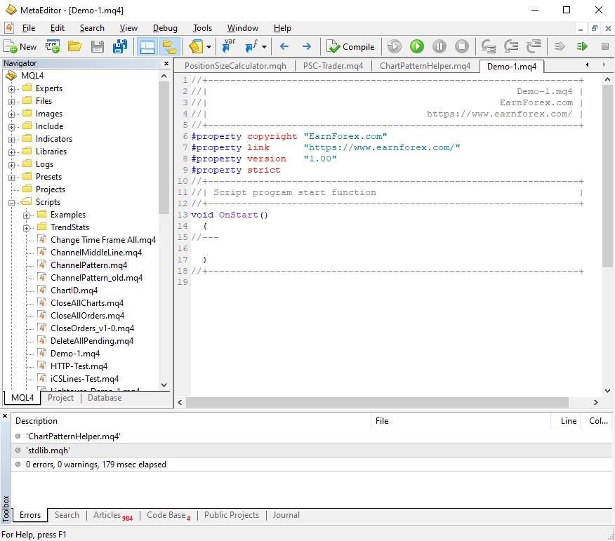 بخش نوشتن کدهای اسکریپت متاتریدر