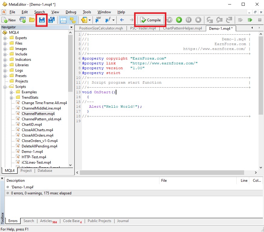 دکمه compile در متاتریدر