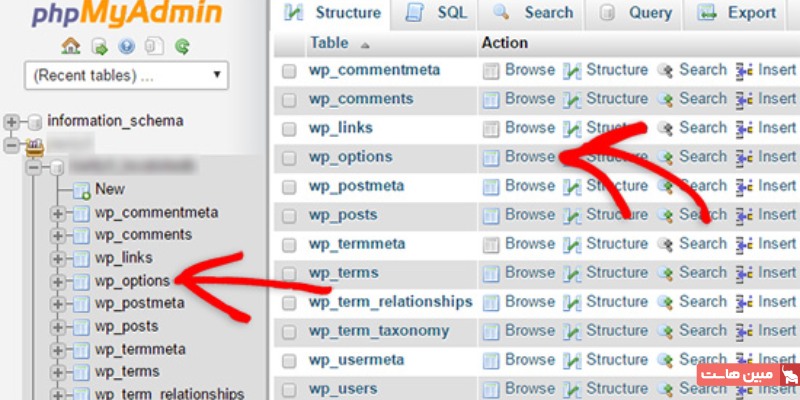 جدول wp_options در phpMyAdmin
