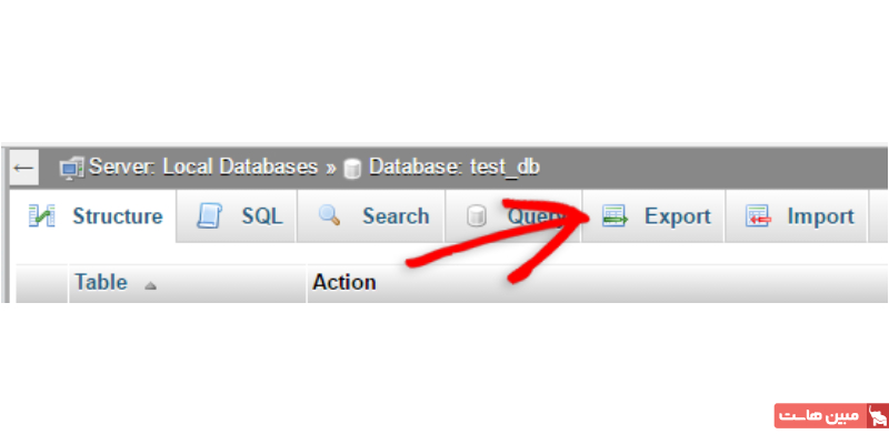 محیط phpMyAdmin که دیتابیس انتخاب شده و تب Export نشان داده شده است
