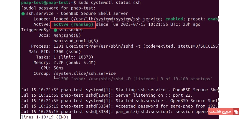 خروجی ترمینال ssh با دستور sudo systemctl status