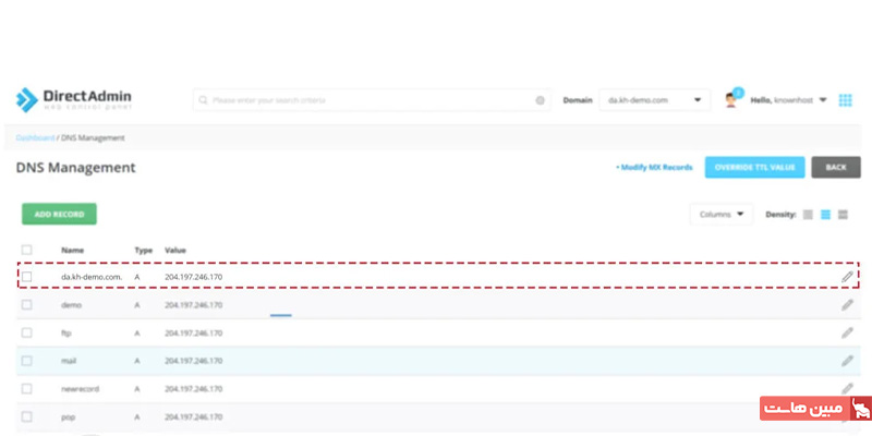 گزینه ادیت رکوردهای dns در دایرکت ادمین