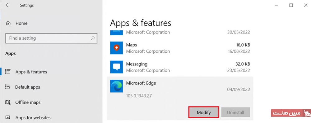ویرایش یا تعمیر Microsoft Edge از طریق منوی Settings