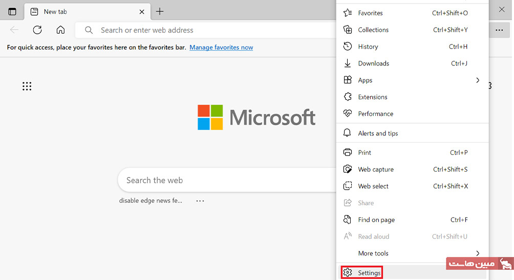 منوی Settings در Microsoft Edge