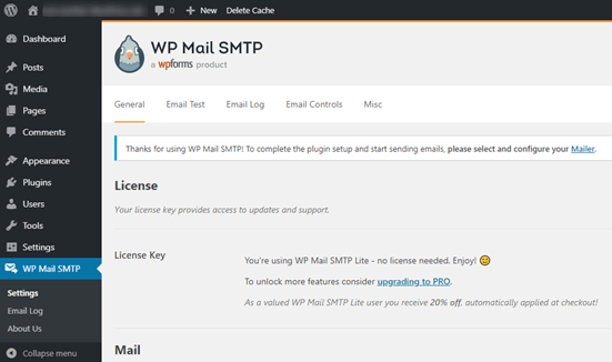 صفحه تنظیمات WP Mail SMTP در پیشخوان وردپرس