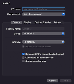 add pc در اتصال به ریموت دسکتاپ لینوکس با rdp