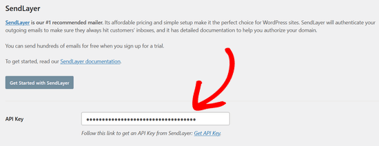 کلید API مربوط به SendLayer را در WP Mail SMTP وارد (Paste) کنید.