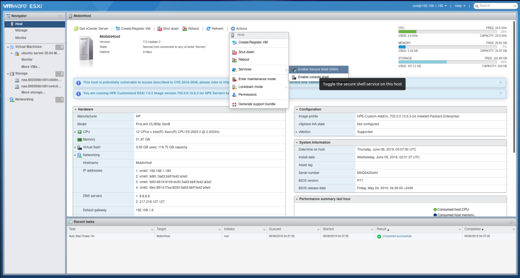 Host Actions Services Enable Secure Shell (SSH)